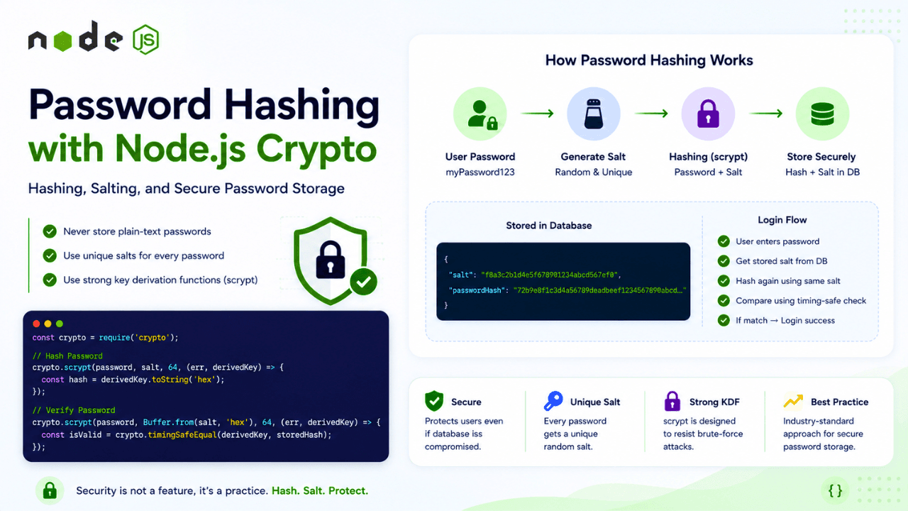Password Hashing with Node.js Crypto: Hashing, Salting, and Secure Password Storage